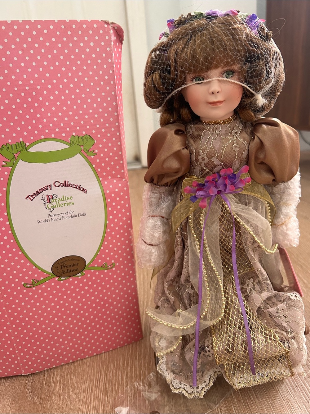 Paradise Galleries Porcelain Doll in Taupe Lace Dress with Purple Accents